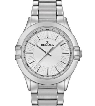 Delbana Capri. Classic ladies' watch with stainless steel case. Silver guilloche pattern dial. Solid stainless steel bracelet. Water resistant to 5 ATM / 50 meters / 165 feet.