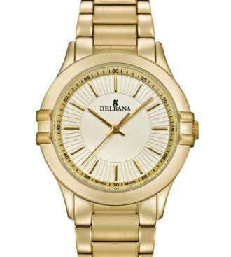 Delbana Capri. Classic ladies' watch with stainless steel, yellow gold IPG case. Champagne guilloche pattern dial. Solid stainless steel yellow gold IPG bracelet. Water resistant to 5 ATM / 50 meters / 165 feet.