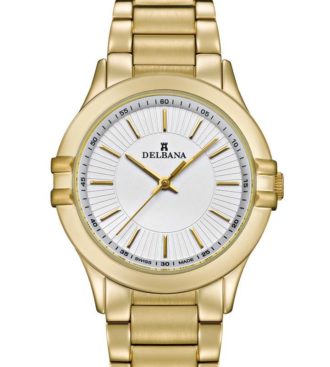 Delbana Capri. Classic ladies' watch with stainless steel, yellow gold IPG case. Silver guilloche pattern dial. Solid stainless steel yellow gold IPG bracelet. Water resistant to 5 ATM / 50 meters / 165 feet.