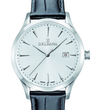 Delbana Como. Classic men's dress watch with date. Stainless steel case. Silver sunray brushed dial. Black genuine patent leather strap. Water resistant to 5 ATM / 50 meters / 165 feet.