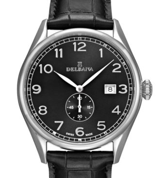 Delbana Fiorentino. Classic men's dress watch with small seconds hand and date. Stainless steel case. Black sunray brushed dial. Matte black genuine leather strap. Water resistant to 5 ATM / 50 meters / 165 feet.