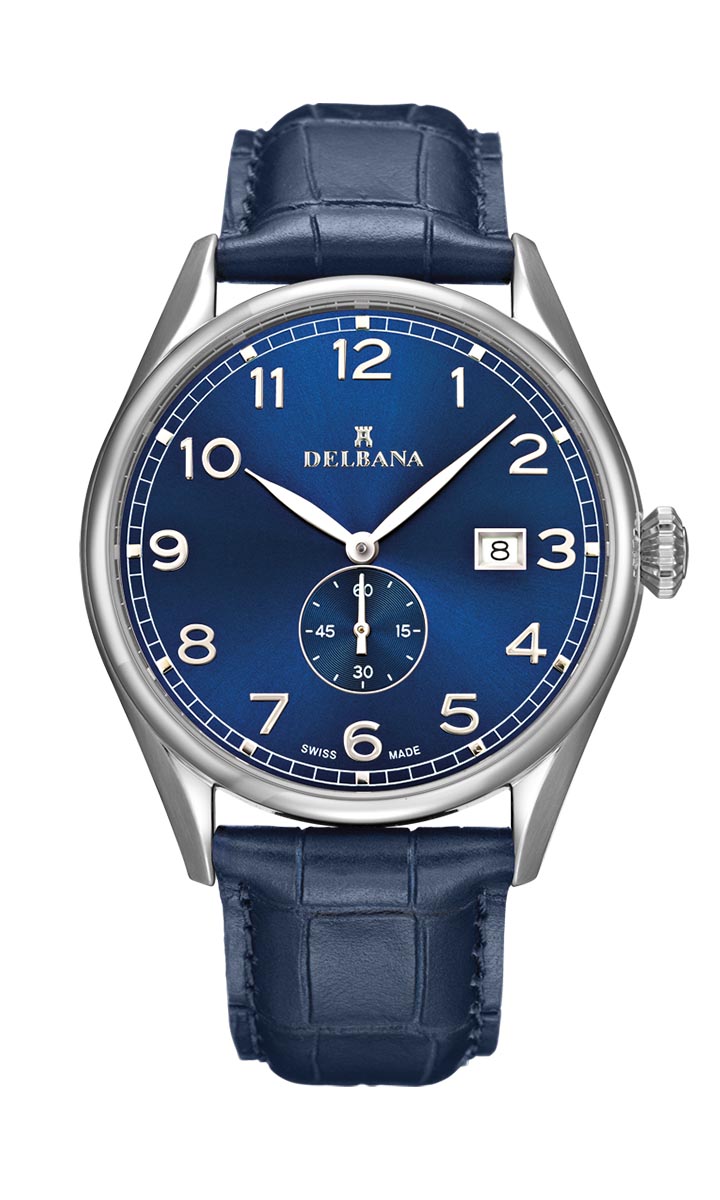 Delbana Fiorentino. Classic men's dress watch with small seconds hand and date. Stainless steel case. Blue sunray brushed dial. Matte navy blue genuine leather strap. Water resistant to 5 ATM / 50 meters / 165 feet.