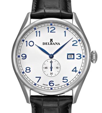 Delbana Fiorentino. Classic men's dress watch with small seconds hand and date. Stainless steel case. Silver sunray brushed dial. Matte black genuine leather strap. Water resistant to 5 ATM / 50 meters / 165 feet.