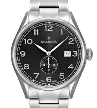 Delbana Fiorentino. Classic men's dress watch with small seconds hand and date. Stainless steel case. Black sunray brushed dial. Solid stainless steel bracelet. Water resistant to 5 ATM / 50 meters / 165 feet.