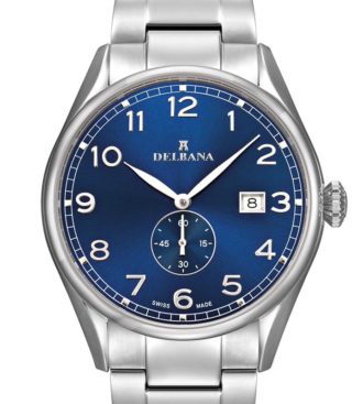 Delbana Fiorentino. Classic men's dress watch with small seconds hand and date. Stainless steel case. Blue sunray brushed dial. Solid stainless steel bracelet. Water resistant to 5 ATM / 50 meters / 165 feet.