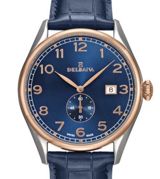 Delbana Fiorentino. Classic men's dress watch with small seconds hand and date. Two tone stainless steel and rose gold IPG case. Blue sunray brushed dial. Matte navy blue genuine leather strap. Water resistant to 5 ATM / 50 meters / 165 feet.