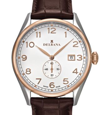 Delbana Fiorentino. Classic men's dress watch with small seconds hand and date. Two tone stainless steel and rose gold IPG case. Silver sunray brushed dial. Matte chestnut brown genuine leather strap. Water resistant to 5 ATM / 50 meters / 165 feet.