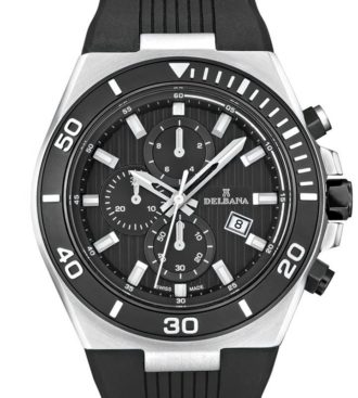 Delbana Le Mans. Men's sports Chronograph with date. Two tone stainless steel and black IPB case. Black dial. Black silicone strap. Water resistant to 10 ATM / 100 meters / 330 feet.