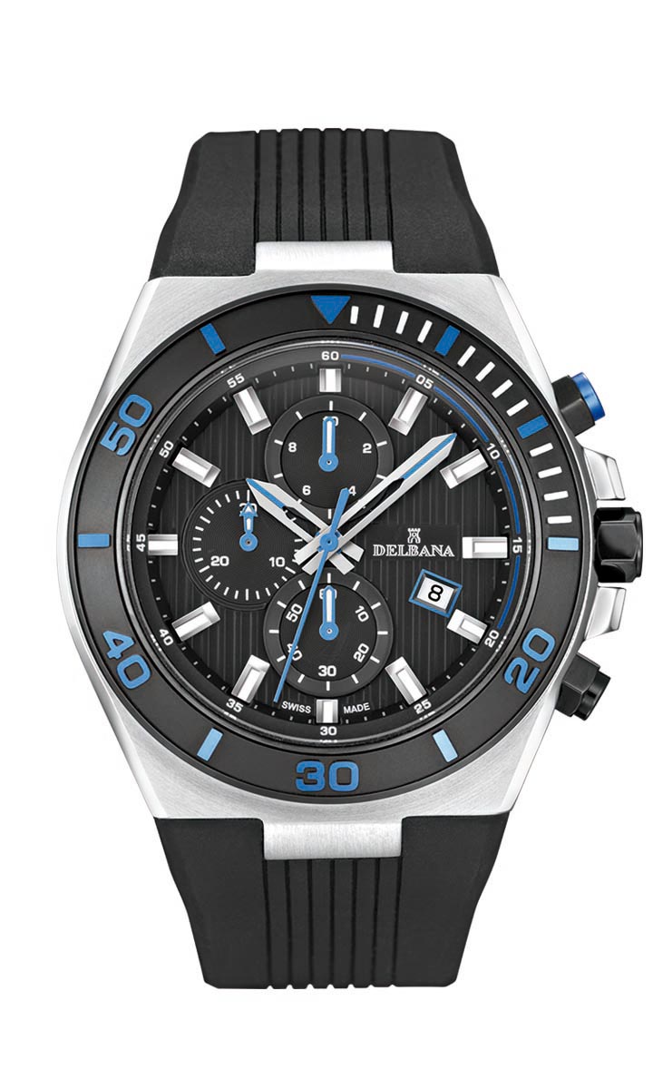Delbana Le Mans. Men's sports Chronograph with date. Two tone stainless steel and black IPB case. Black dial. Black silicone strap. Water resistant to 10 ATM / 100 meters / 330 feet.