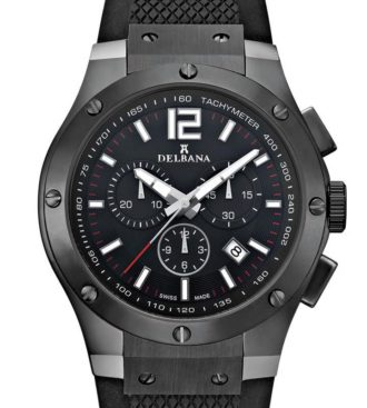 Delbana Manhattan. Men's sports Chronograph with Tachymeter and date. Stainless steel, black IPB case. Black dial. Black silicone strap. Water resistant to 10 ATM / 100 meters / 330 feet.