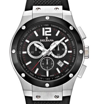 Delbana Manhattan. Men's sports Chronograph with Tachymeter and date. Two tone stainless steel and black IPB case. Black dial. Black silicone strap. Water resistant to 10 ATM / 100 meters / 330 feet.