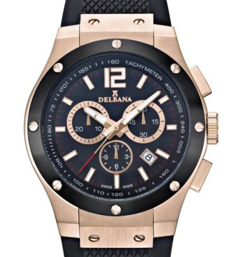 Delbana Manhattan. Men's sports Chronograph with Tachymeter and date. Two tone Stainless steel, black IPB and rose gold IPG case. Black dial. Black silicone strap. Water resistant to 10 ATM / 100 meters / 330 feet.
