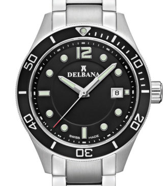 Delbana Mariner. Men's sports watch with date. Stainless steel case, unidirectional black aluminum diver bezel. Black dial. Solid stainless steel bracelet. Water resistant to 10 ATM / 100 meters / 330 feet.