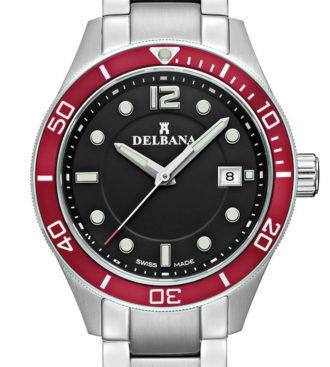 Delbana Mariner. Men's sports watch with date. Stainless steel case, unidirectional red aluminum diver bezel. Black dial. Solid stainless steel bracelet. Water resistant to 10 ATM / 100 meters / 330 feet.