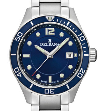 Delbana Mariner. Men's sports watch with date. Stainless steel case, unidirectional blue aluminum diver bezel. Blue dial. Solid stainless steel bracelet. Water resistant to 10 ATM / 100 meters / 330 feet.