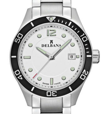 Delbana Mariner. Men's sports watch with date. Stainless steel case, unidirectional black aluminum diver bezel. Silver dial. Solid stainless steel bracelet. Water resistant to 10 ATM / 100 meters / 330 feet.