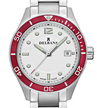 Delbana Mariner. Men's sports watch with date. Stainless steel case, unidirectional red aluminum diver bezel. Silver dial. Solid stainless steel bracelet. Water resistant to 10 ATM / 100 meters / 330 feet.