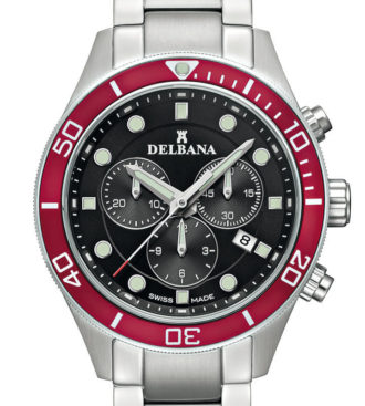 Delbana Mariner Chronograph. Men's Chronograph with date. Stainless steel case, unidirectional red aluminum diver bezel. Black dial. Solid stainless steel bracelet. Water resistant to 10 ATM / 100 meters / 330 feet.