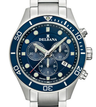 Delbana Mariner Chronograph. Men's Chronograph with date. Stainless steel case, unidirectional blue aluminum diver bezel. Blue dial. Solid stainless steel bracelet. Water resistant to 10 ATM / 100 meters / 330 feet.