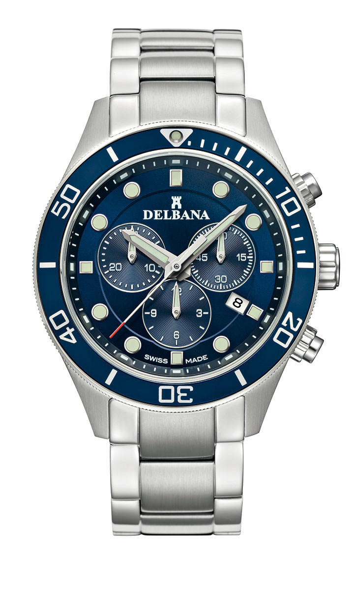 Delbana Mariner Chronograph. Men's Chronograph with date. Stainless steel case, unidirectional blue aluminum diver bezel. Blue dial. Solid stainless steel bracelet. Water resistant to 10 ATM / 100 meters / 330 feet.
