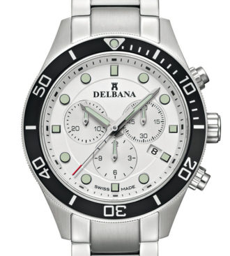 Delbana Mariner Chronograph. Men's Chronograph with date. Stainless steel case, unidirectional black aluminum diver bezel. Silver dial. Solid stainless steel bracelet. Water resistant to 10 ATM / 100 meters / 330 feet.