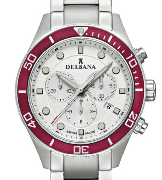 Delbana Mariner Chronograph. Men's Chronograph with date. Stainless steel case, unidirectional red aluminum diver bezel. Silver dial. Solid stainless steel bracelet. Water resistant to 10 ATM / 100 meters / 330 feet.
