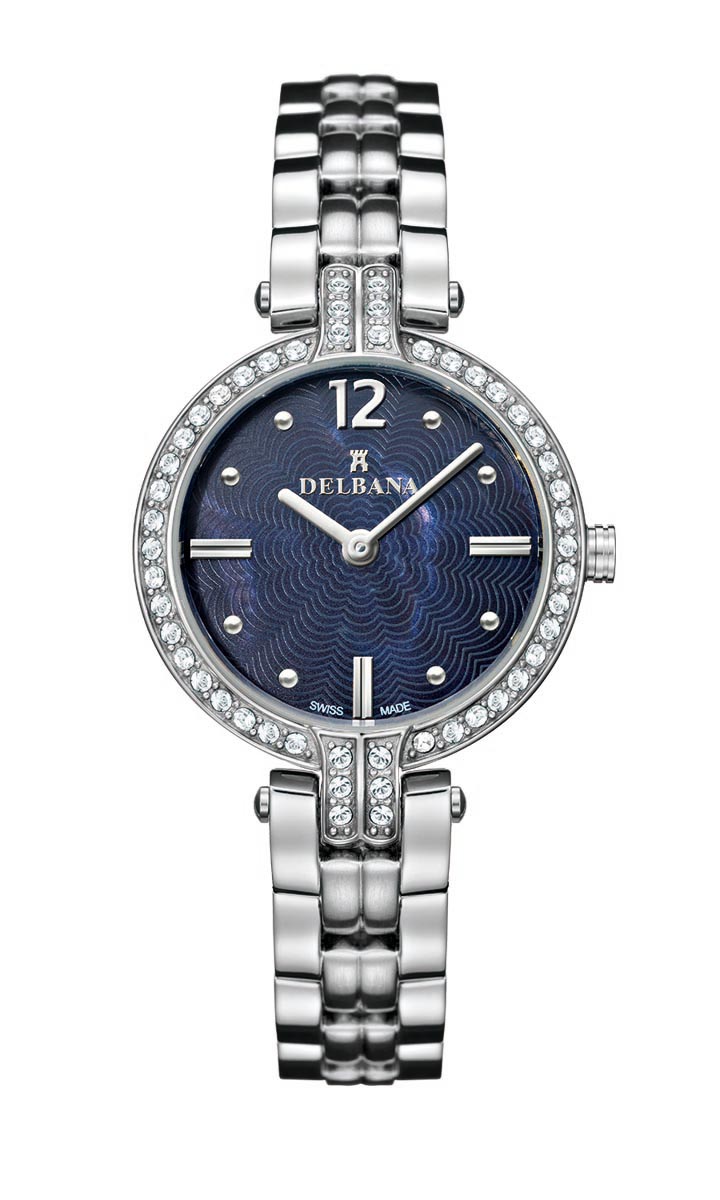 Delbana Montpellier. Ladies dress watch with stainless steel case set with 50 Swarovski crystals. Black mother of pearl, floral guilloche pattern dial. Solid stainless steel bracelet. Water resistant to 3 ATM / 30 meters / 100 feet.
