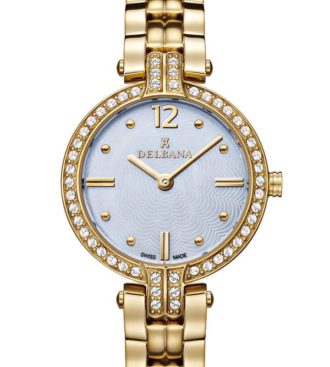Delbana Montpellier. Ladies dress watch with stainless steel, yellow gold IPG case set with 50 Swarovski crystals. White mother of pearl, floral guilloche pattern dial. Solid stainless steel, yellow gold IPG bracelet. Water resistant to 3 ATM / 30 meters / 100 feet.