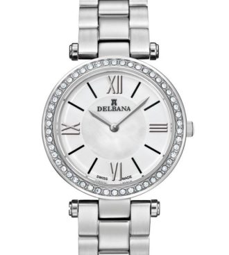Delbana Nice. Ladies dress watch with stainless steel case set with 50 Swarovski crystals. White mother of pearl and matte finish dial. Solid stainless steel bracelet. Water resistant to 5 ATM / 50 meters / 165 feet.