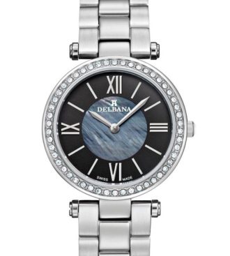 Delbana Nice. Ladies dress watch with stainless steel case set with 50 Swarovski crystals. Black mother of pearl and matte finish dial. Solid stainless steel bracelet. Water resistant to 5 ATM / 50 meters / 165 feet.