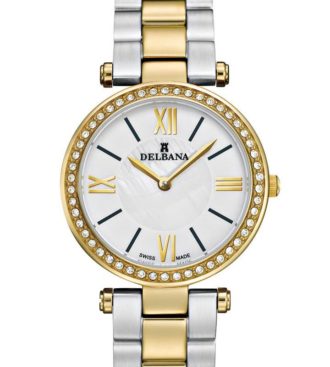 Delbana Nice. Ladies dress watch with two tone stainless steel, yellow gold IPB case set with 50 Swarovski crystals. White mother of pearl and matte finish dial. Two-tone stainless steel, yellow gold IPG bracelet. Water resistant to 5 ATM / 50 meters / 165 feet.