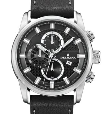 Delbana Orlando. Men's sports Chronograph with date. Stainless steel case. Black dial. Matte black genuine leather strap with grey stiching. Water resistant to 10 ATM / 100 meters / 330 feet.