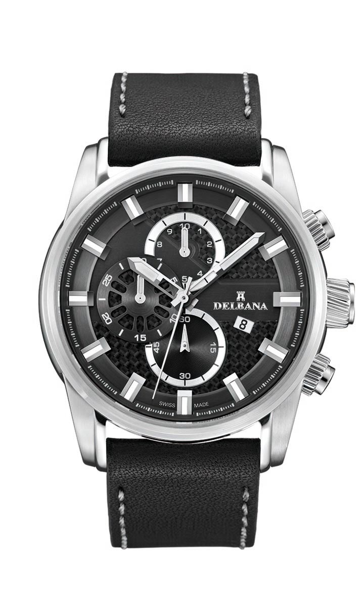 Delbana Orlando. Men's sports Chronograph with date. Stainless steel case. Black dial. Matte black genuine leather strap with grey stiching. Water resistant to 10 ATM / 100 meters / 330 feet.