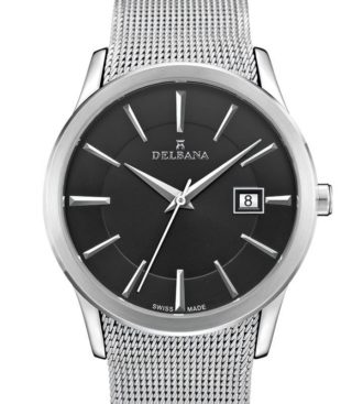 Delbana Oxford. Classic men's dress watch with date. Stainless steel case. Black sunray and circular brushed dial. Stainless steel Milanese bracelet. Water resistant to 3 ATM / 30 meters / 100 feet.