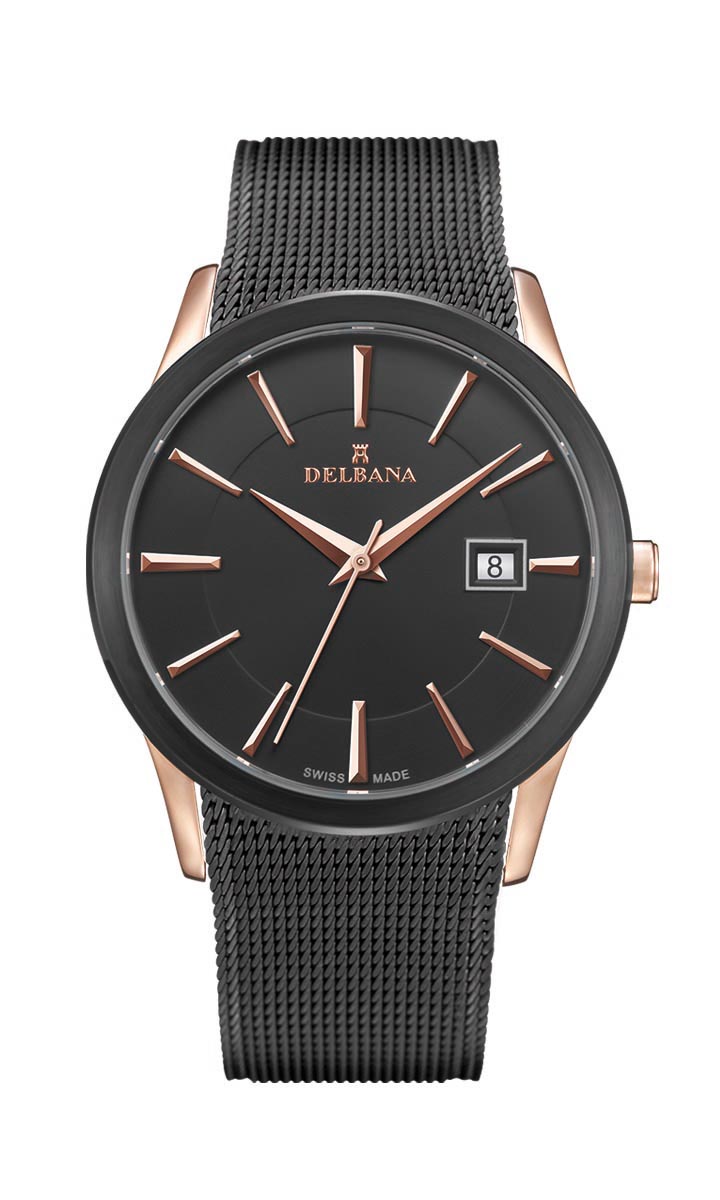 Delbana Oxford. Classic men's dress watch with date. Stainless steel, two tone rose gold IPG and black IPB case. Black sunray and circular brushed dial. Stainless steel black IPB Milanese bracelet. Water resistant to 3 ATM / 30 meters / 100 feet.