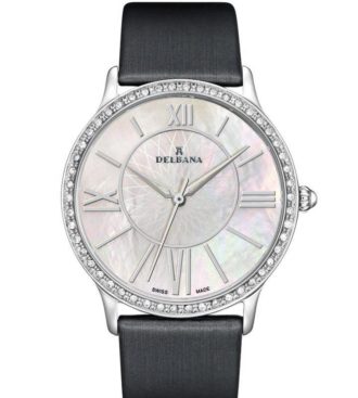 Delbana Paris. Classic ladies' watch with stainless steel case set with 50 Swarovski crystals. White mother of pearl, floral guilloche pattern dial. Black satin finish genuine leather strap. Water resistant to 5 ATM / 50 meters / 165 feet.