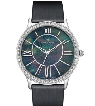 Delbana Paris. Classic ladies' watch with stainless steel case set with 50 Swarovski crystals. Black mother of pearl, floral guilloche pattern dial. Black satin finish genuine leather strap. Water resistant to 5 ATM / 50 meters / 165 feet.
