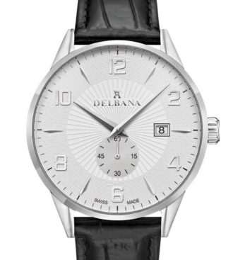 Delbana Retro. Classic men's dress watch with small seconds hand and date. Stainless steel case. Silver guilloche pattern dial. Black genuine patent leather strap. Water resistant to 3 ATM / 30 meters / 100 feet.