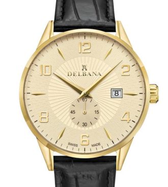 Delbana Retro. Classic men's dress watch with small seconds hand and date. Stainless steel, yellow gold IPG case. Champagne guilloche pattern dial. Black genuine patent leather strap. Water resistant to 3 ATM / 30 meters / 100 feet.