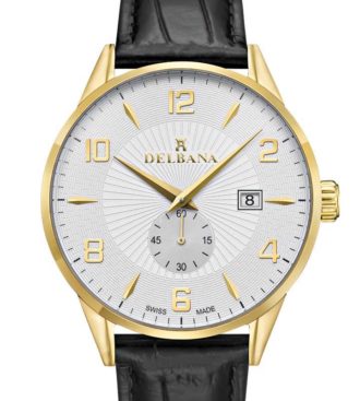 Delbana Retro. Classic men's dress watch with small seconds hand and date. Stainless steel, yellow gold IPG case. Silver guilloche pattern dial. Black genuine patent leather strap. Water resistant to 3 ATM / 30 meters / 100 feet.