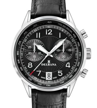 Delbana Retro Chronograph. Classic men's Chronograph with Tachymeter and date. Stainless steel case. Black guilloche pattern counters and dial. Black genuine patent leather strap. Water resistant to 3 ATM / 30 meters / 100 feet.