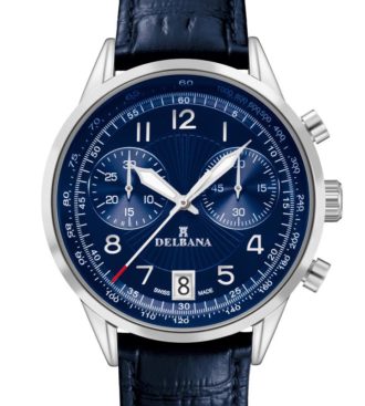 Delbana Retro Chronograph. Classic men's Chronograph with Tachymeter and date. Stainless steel case. Blue guilloche pattern counters and dial. Royal blue genuine patent leather strap. Water resistant to 3 ATM / 30 meters / 100 feet.