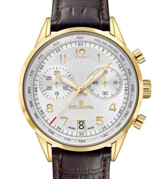 Delbana Retro Chronograph. Classic men's Chronograph with Tachymeter and date. Stainless steel, yellow gold IPG case. Silver guilloche pattern counters and dial. Mahogany brown genuine patent leather strap. Water resistant to 3 ATM / 30 meters / 100 feet.
