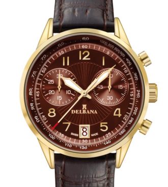 Delbana Retro Chronograph. Classic men's Chronograph with Tachymeter and date. Stainless steel, yellow gold IPG case. Brown guilloche pattern counters and dial. Mahogany brown genuine patent leather strap. Water resistant to 3 ATM / 30 meters / 100 feet.