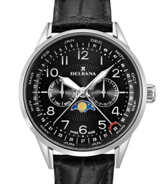 Delbana Retro Moonphase. Classic men's moonphase with week indicator, day and date. Stainless steel case. Black guilloche pattern dial. Black genuine patent leather strap. Water resistant to 3 ATM / 30 meters / 100 feet.