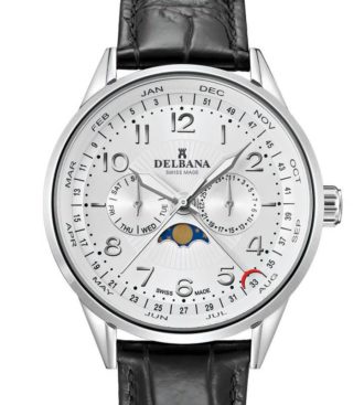 Delbana Retro Moonphase. Classic men's moonphase with week indicator, day and date. Stainless steel case. Silver guilloche pattern dial. Black genuine patent leather strap. Water resistant to 3 ATM / 30 meters / 100 feet.