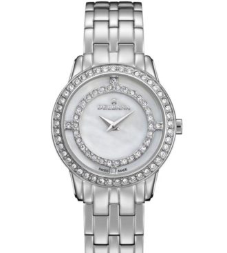 Delbana Scala. Ladies dress watch with stainless steel case set with 79 Swarovski crystals. White mother of pearl dial. Solid stainless steel bracelet. Water resistant to 3 ATM / 30 meters / 100 feet.