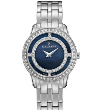 Delbana Scala. Ladies dress watch with stainless steel case set with 79 Swarovski crystals. Black mother of pearl dial. Solid stainless steel bracelet. Water resistant to 3 ATM / 30 meters / 100 feet.