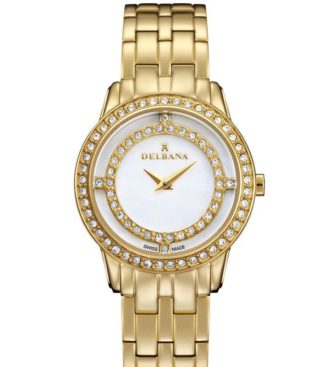 Delbana Scala. Ladies dress watch with stainless steel, yellow gold IPG case set with 79 Swarovski crystals. White mother of pearl dial. Solid stainless steel, yellow gold IPG bracelet. Water resistant to 3 ATM / 30 meters / 100 feet.