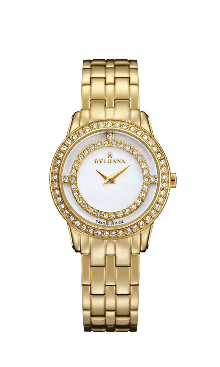 Delbana Scala. Ladies dress watch with stainless steel, yellow gold IPG case set with 79 Swarovski crystals. White mother of pearl dial. Solid stainless steel, yellow gold IPG bracelet. Water resistant to 3 ATM / 30 meters / 100 feet.